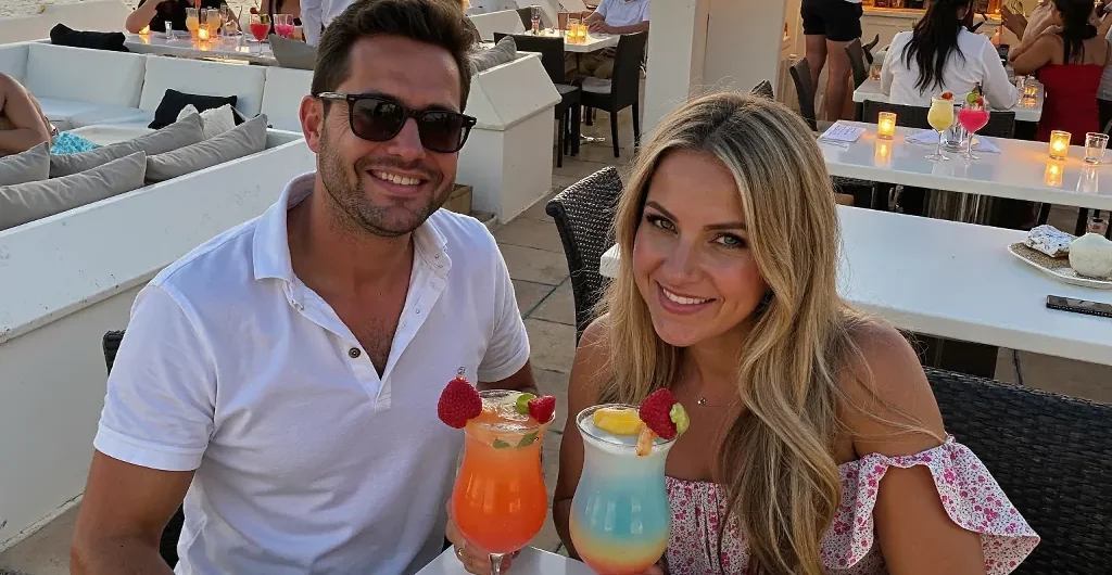 Romantic couple enjoying cocktails at a seaside restaurant in Greece during sunset – the perfect milestone anniversary celebration.