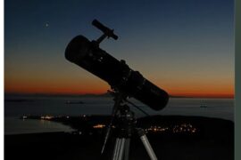 Night stargazing session in Spetses with telescope under clear sky